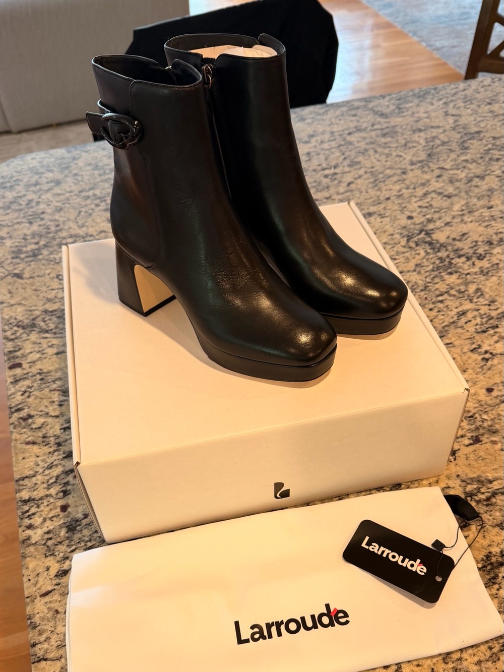 NWT Larroude Dolly Verona Low Boot Black Leather Platform Ankle Boots w/ Buckle